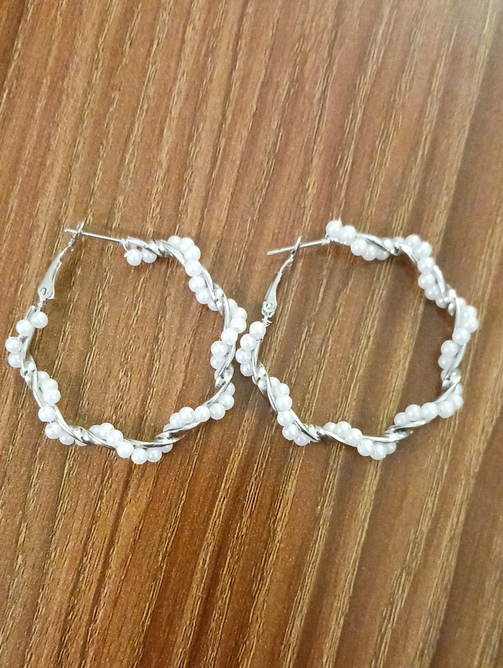 Source Unknown White Pearl-Wrapped Silver Hoop Earrings